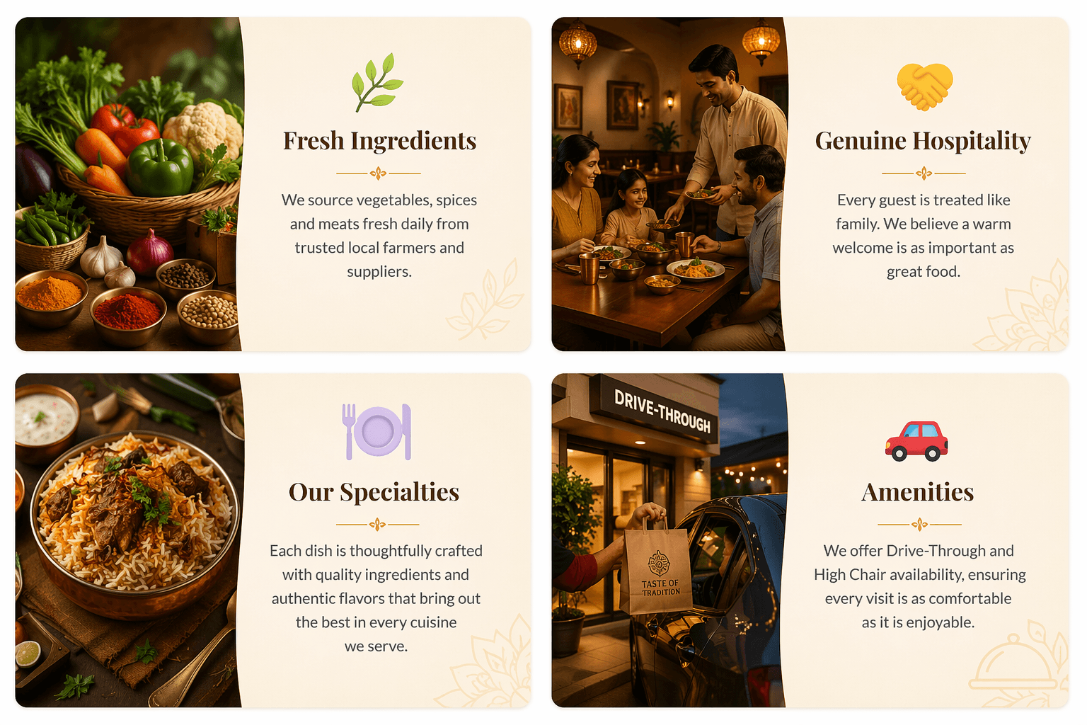 SSR core values: Fresh Ingredients, Genuine Hospitality, Our Specialties, and Amenities