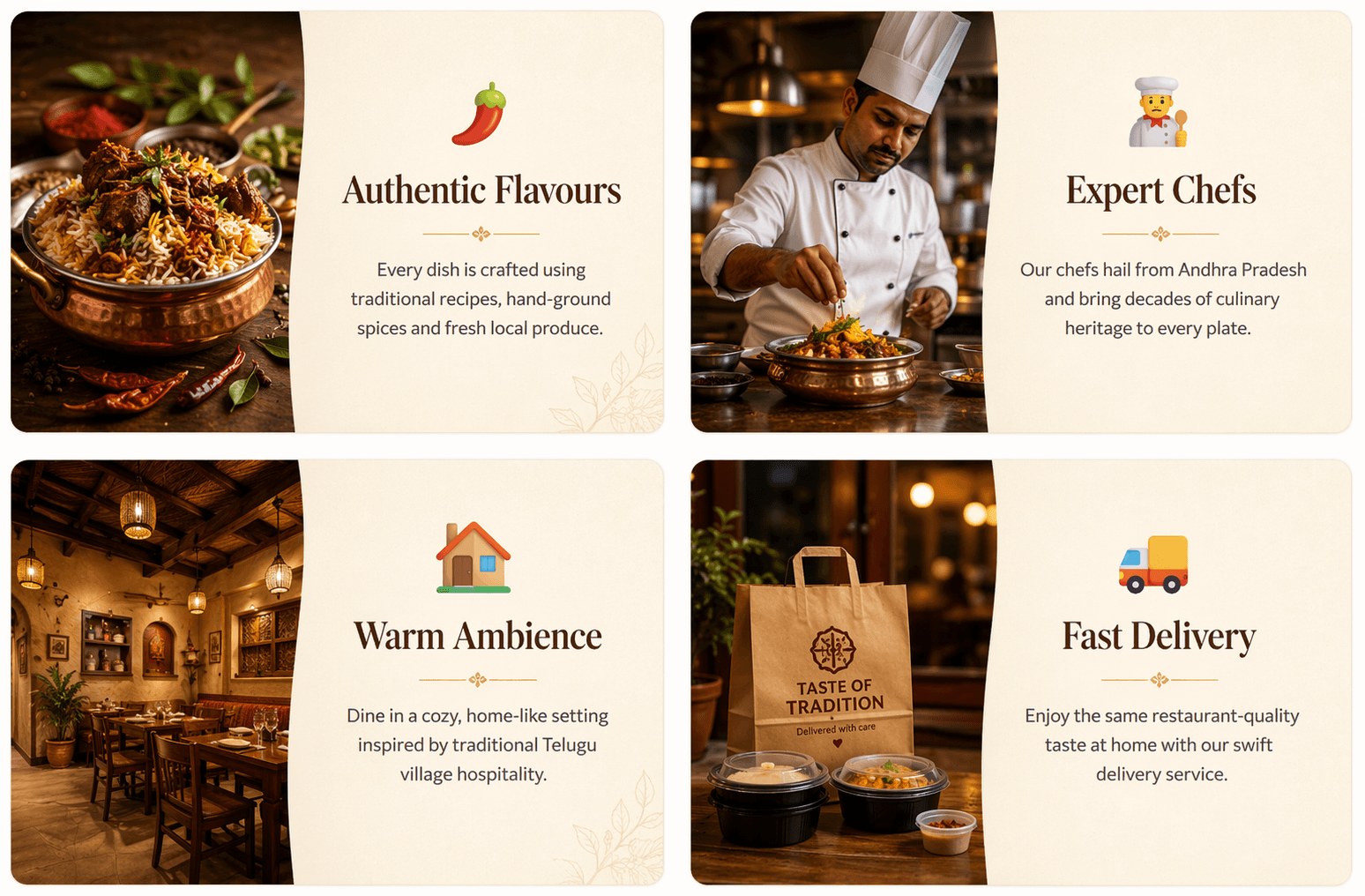 SSR highlights: Authentic Flavours, Expert Chefs, Warm Ambience, and Fast Delivery